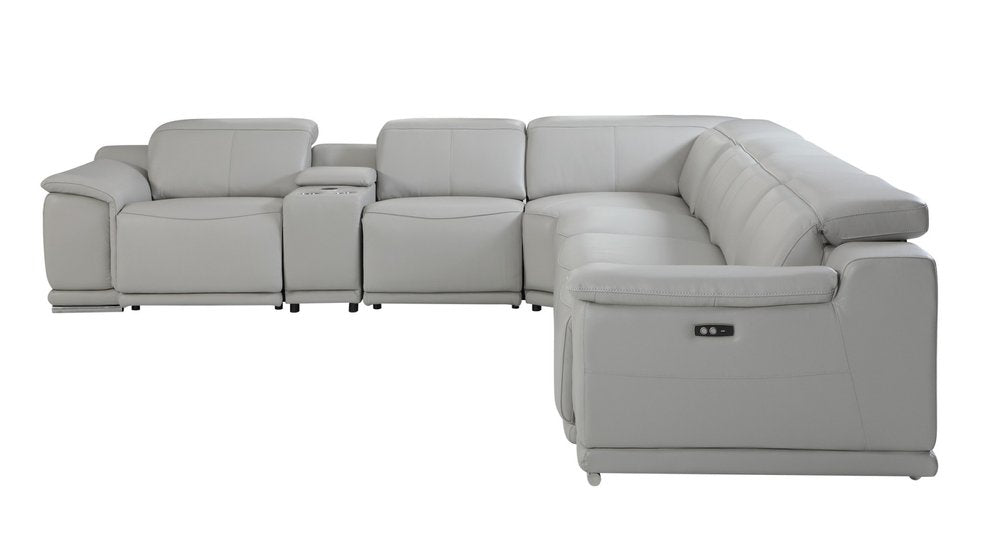 Light Gray Italian Leather Power Reclining U Shaped Seven Piece Corner Sectional with Console