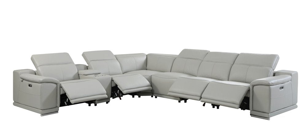 Light Gray Italian Leather Power Reclining U Shaped Seven Piece Corner Sectional with Console