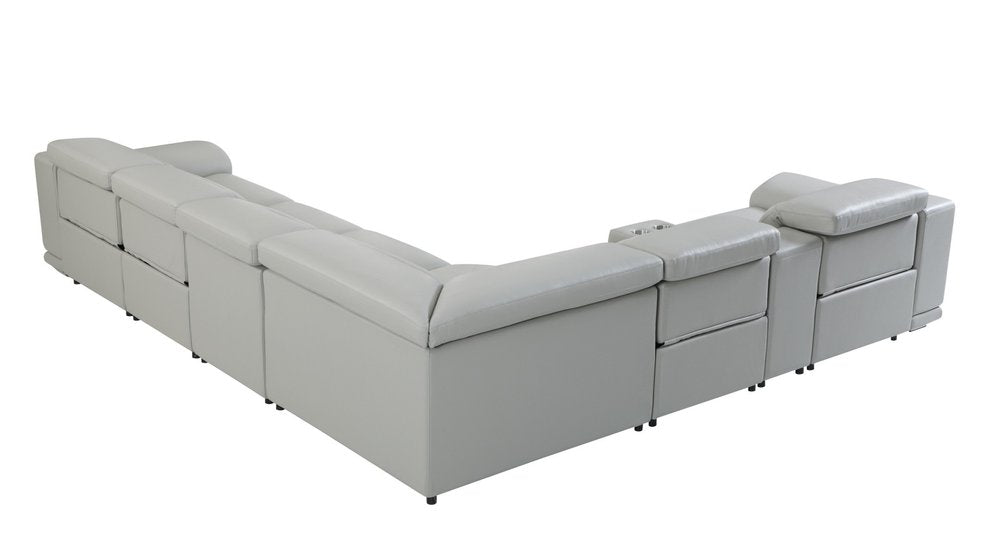 Light Gray Italian Leather Power Reclining U Shaped Seven Piece Corner Sectional with Console