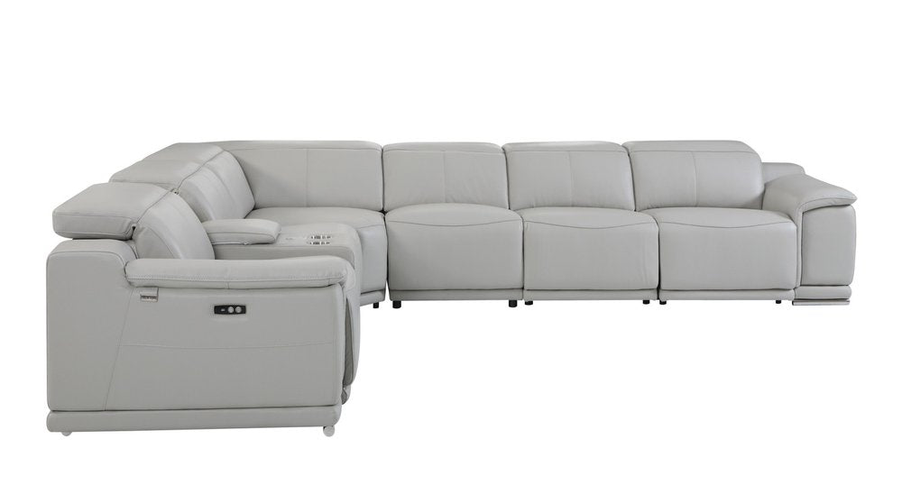 Light Gray Italian Leather Power Reclining U Shaped Seven Piece Corner Sectional with Console