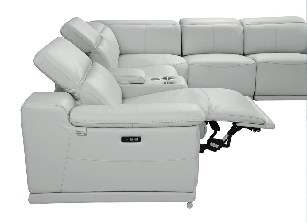 Light Gray Italian Leather Power Reclining U Shaped Seven Piece Corner Sectional with Console