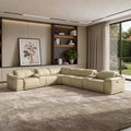 Beige Italian Leather Power Reclining U Shaped Eight Piece Corner Sectional with Console