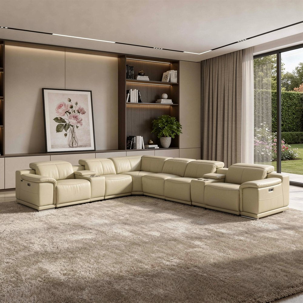 Beige Italian Leather Power Reclining U Shaped Eight Piece Corner Sectional with Console