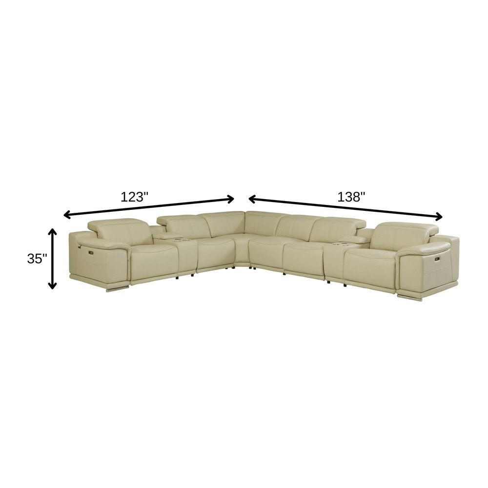 Beige Italian Leather Power Reclining U Shaped Eight Piece Corner Sectional with Console