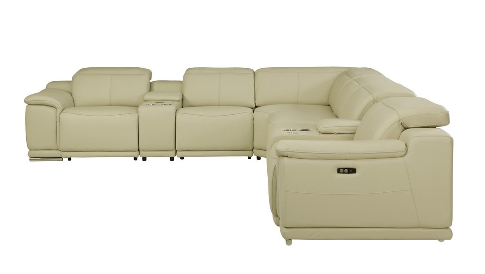 Beige Italian Leather Power Reclining U Shaped Eight Piece Corner Sectional with Console