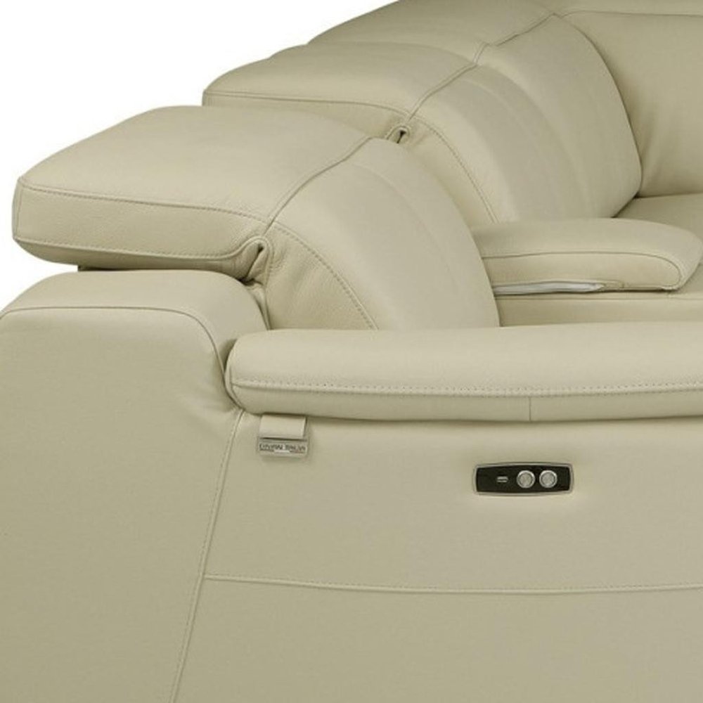 Beige Italian Leather Power Reclining U Shaped Eight Piece Corner Sectional with Console