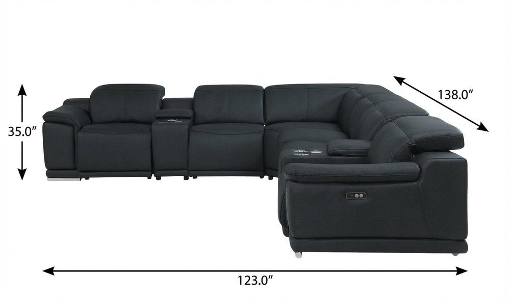 Black Italian Leather Power Reclining U Shaped Eight Piece Corner Sectional with Console