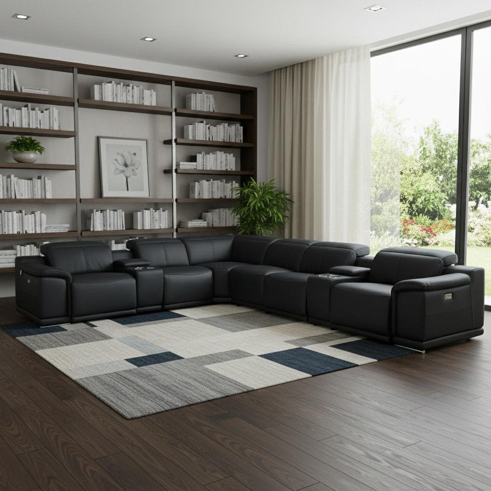 Black Italian Leather Power Reclining U Shaped Eight Piece Corner Sectional with Console