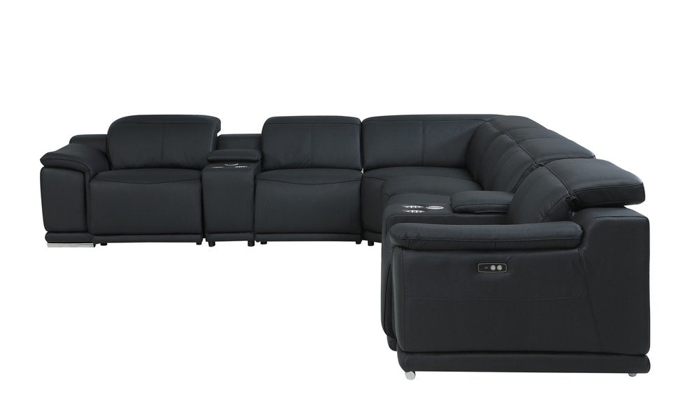 Black Italian Leather Power Reclining U Shaped Eight Piece Corner Sectional with Console