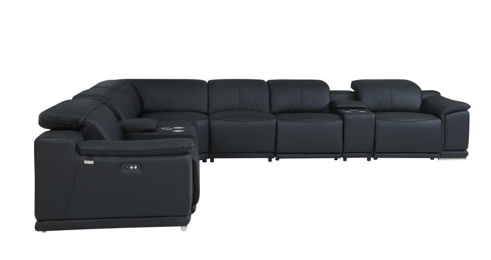 Black Italian Leather Power Reclining U Shaped Eight Piece Corner Sectional with Console