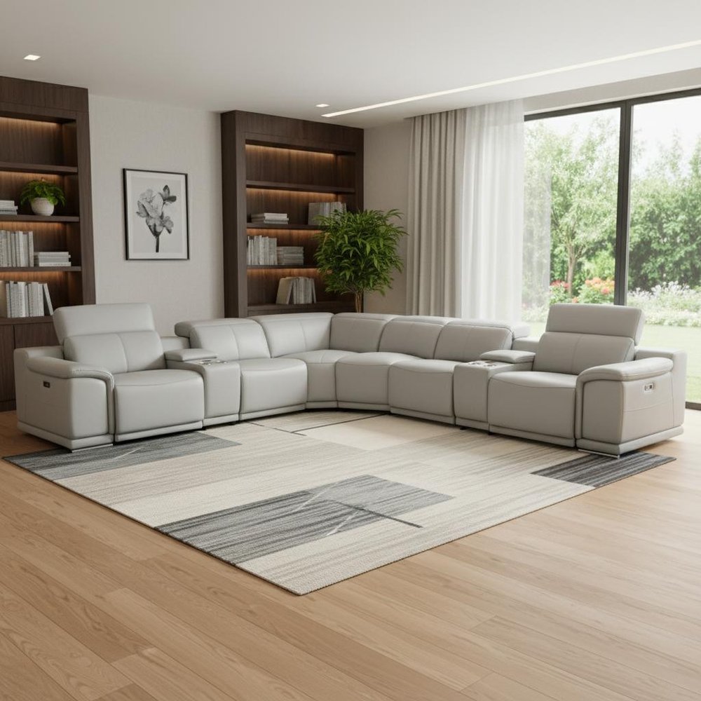 Light Gray Italian Leather Power Reclining U Shaped Eight Piece Corner Sectional with Console