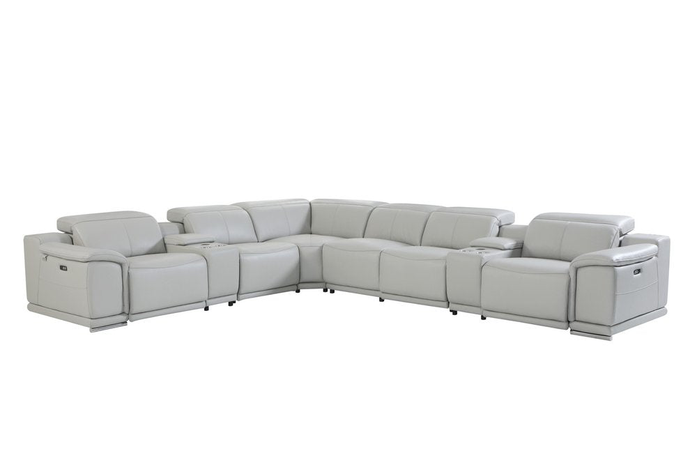 Light Gray Italian Leather Power Reclining U Shaped Eight Piece Corner Sectional with Console