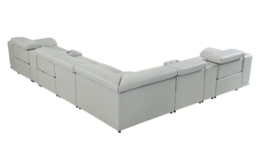 Light Gray Italian Leather Power Reclining U Shaped Eight Piece Corner Sectional with Console