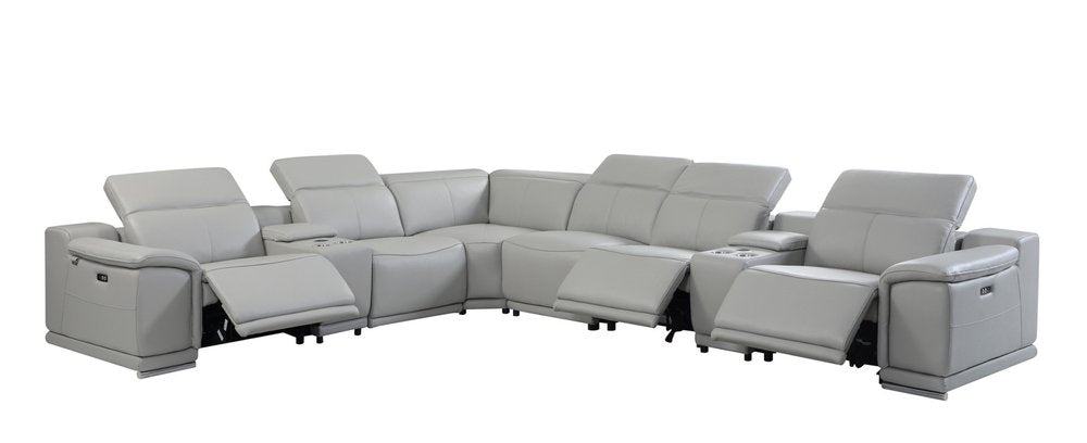 Light Gray Italian Leather Power Reclining U Shaped Eight Piece Corner Sectional with Console