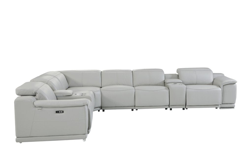 Light Gray Italian Leather Power Reclining U Shaped Eight Piece Corner Sectional with Console