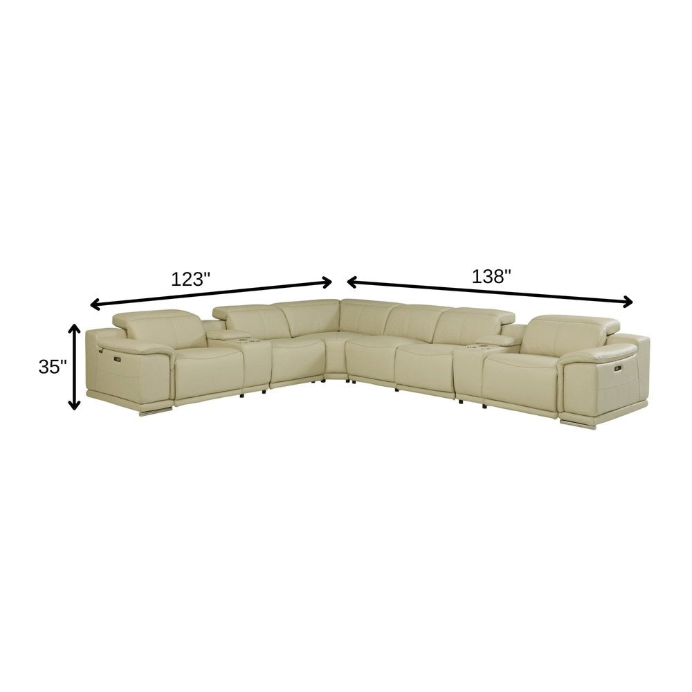 Beige Italian Leather Power Reclining U Shaped Eight Piece Corner Sectional with Console