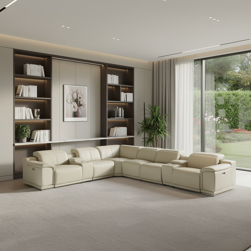 Beige Italian Leather Power Reclining U Shaped Eight Piece Corner Sectional with Console