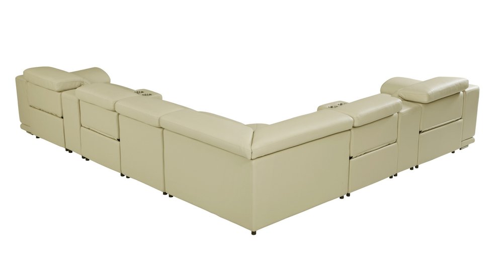 Beige Italian Leather Power Reclining U Shaped Eight Piece Corner Sectional with Console