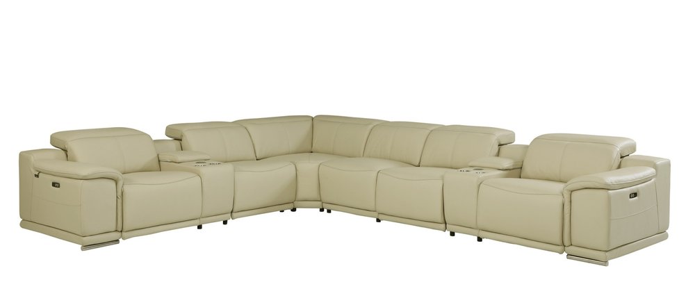 Beige Italian Leather Power Reclining U Shaped Eight Piece Corner Sectional with Console