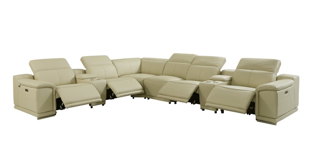 Beige Italian Leather Power Reclining U Shaped Eight Piece Corner Sectional with Console