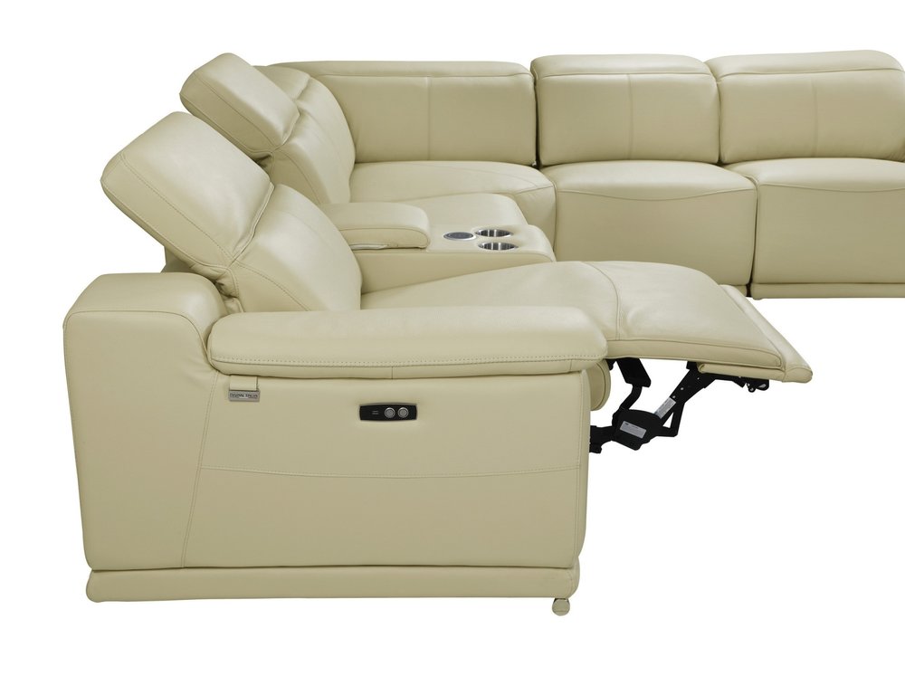 Beige Italian Leather Power Reclining U Shaped Eight Piece Corner Sectional with Console