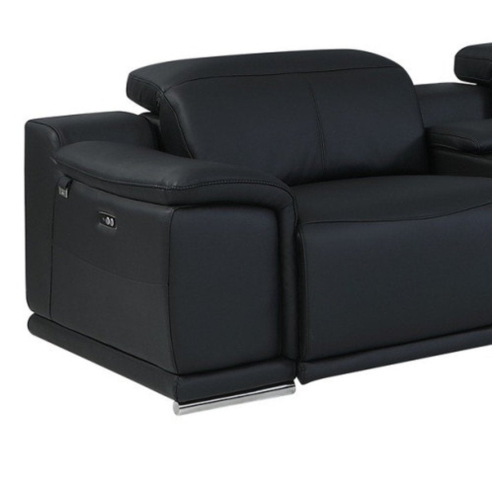 Black Italian Leather Power Reclining U Shaped Eight Piece Corner Sectional with Console