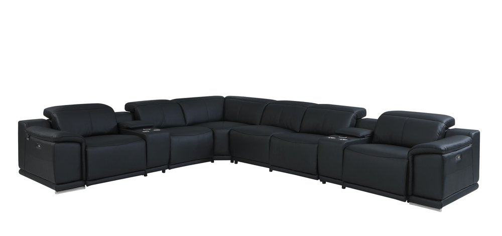 Black Italian Leather Power Reclining U Shaped Eight Piece Corner Sectional with Console