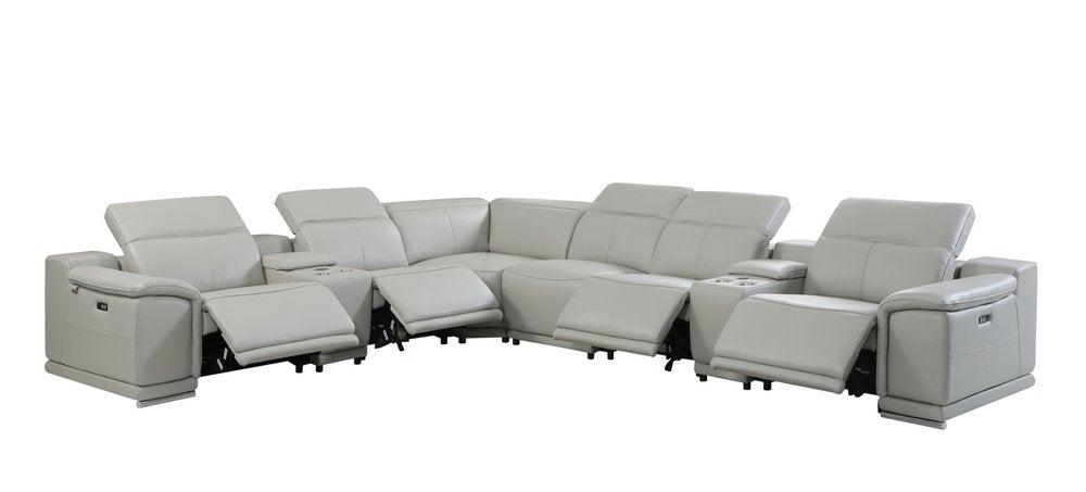 Light Gray Italian Leather Power Reclining U Shaped Eight Piece Corner Sectional with Console