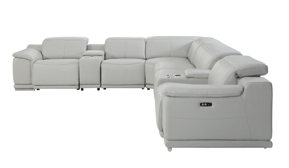Light Gray Italian Leather Power Reclining U Shaped Eight Piece Corner Sectional with Console