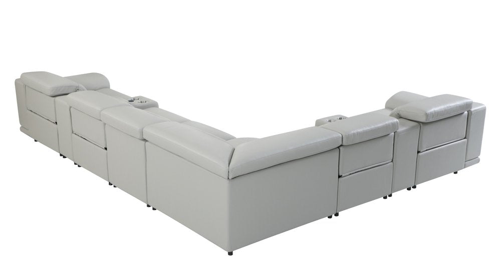 Light Gray Italian Leather Power Reclining U Shaped Eight Piece Corner Sectional with Console