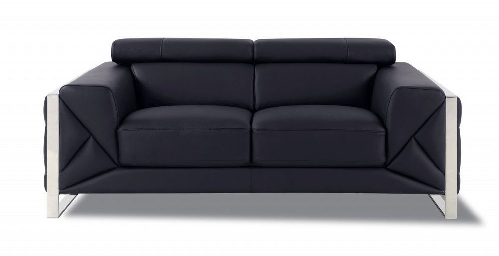 Black and Silver Italian Leather Loveseat - 75-inch