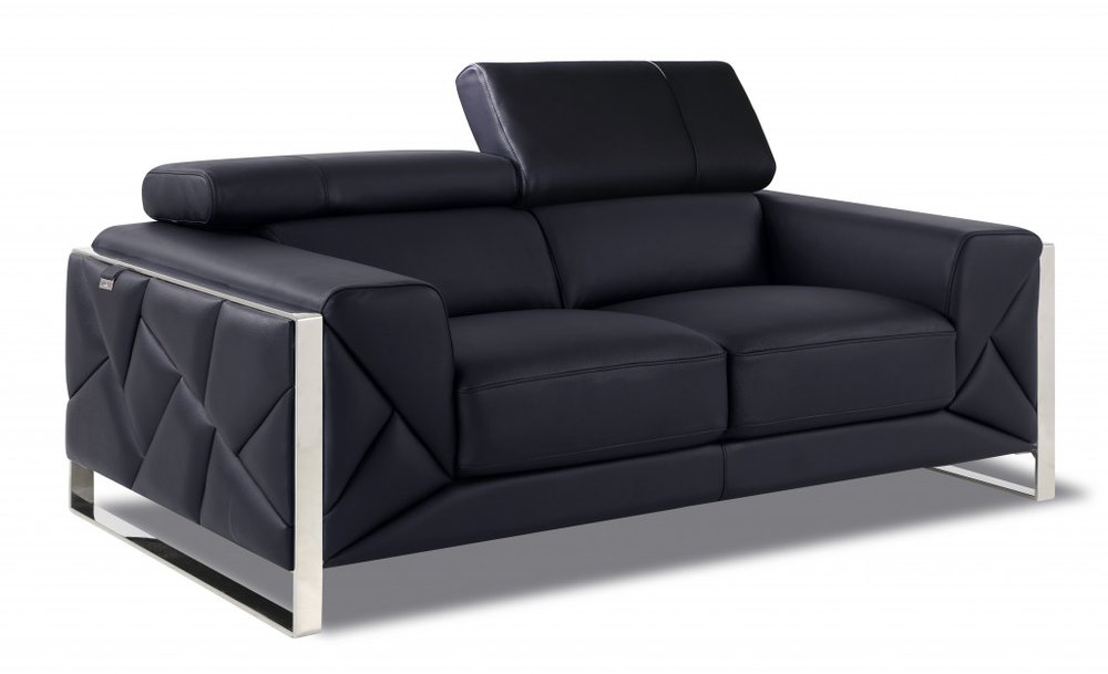 Black and Silver Italian Leather Loveseat - 75-inch
