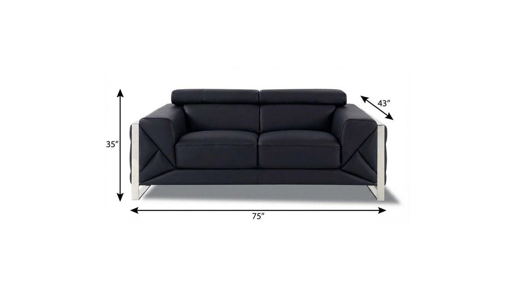 Black and Silver Italian Leather Loveseat - 75-inch