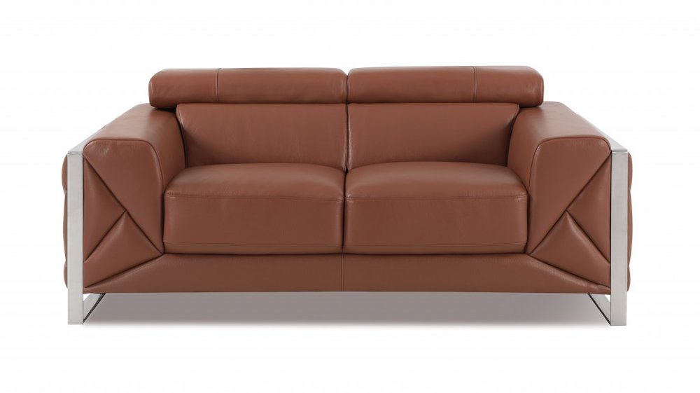 Camel and Silver Italian Leather Loveseat - 75-inch