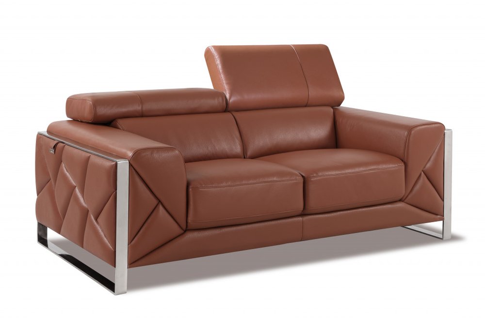Camel and Silver Italian Leather Loveseat - 75-inch
