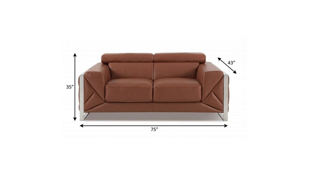 Camel and Silver Italian Leather Loveseat - 75-inch