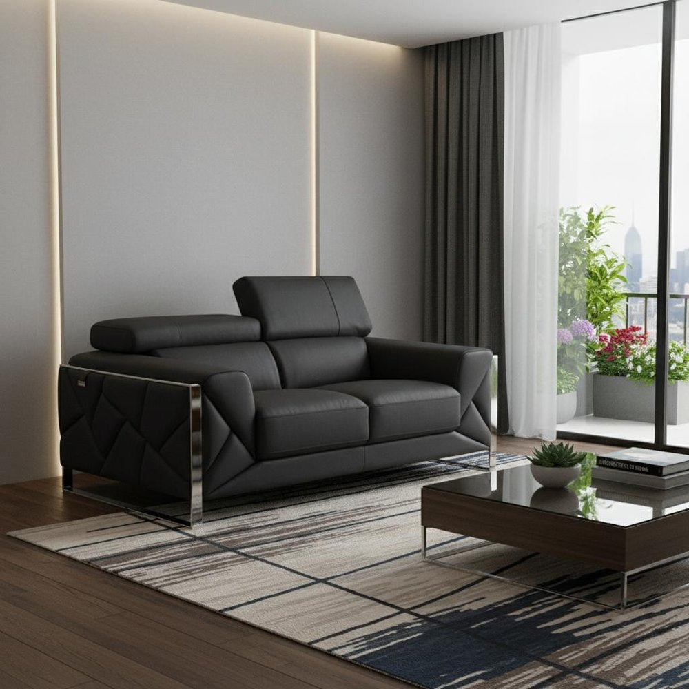 Gray and Silver Italian Leather Loveseat - 75-inch