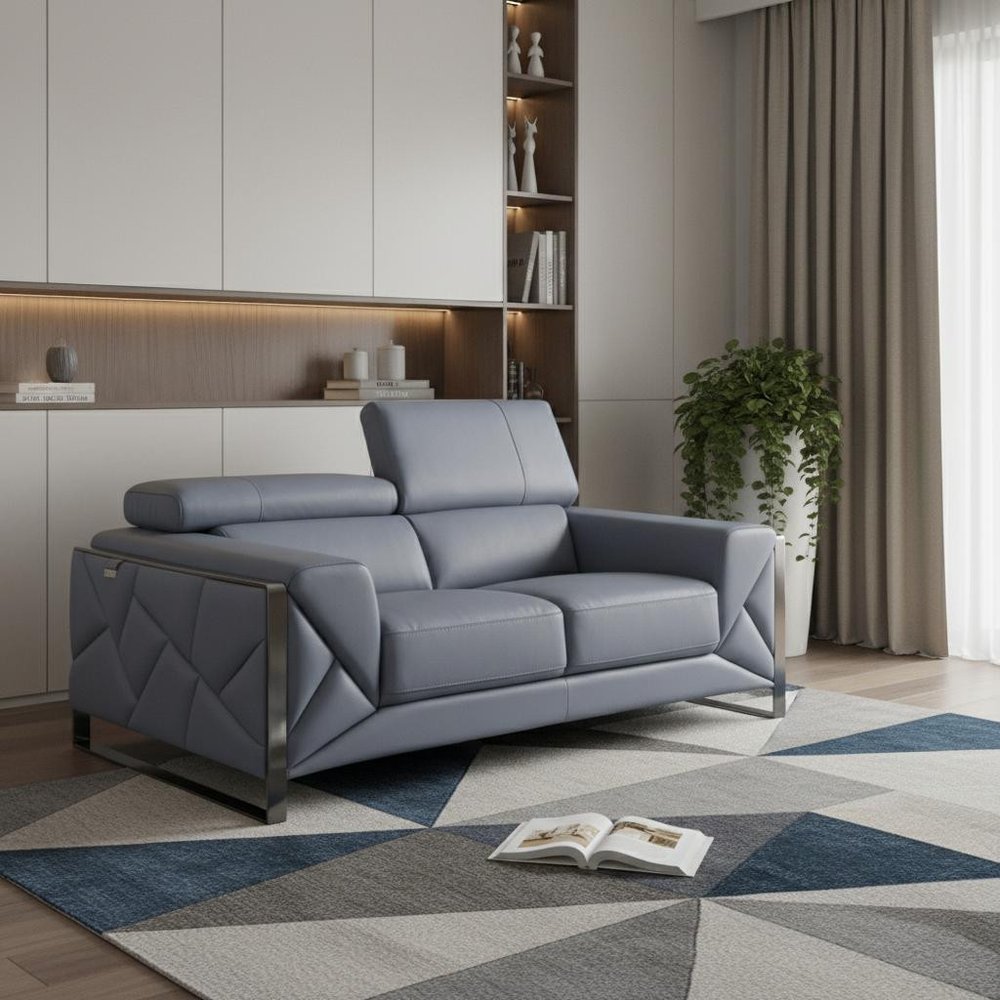 Light Blue and Black Italian Leather Loveseat - 75-inch