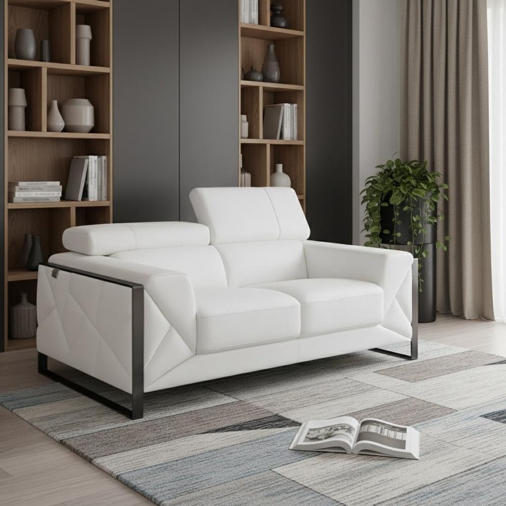 White and Black Italian Leather Loveseat - 75-inch