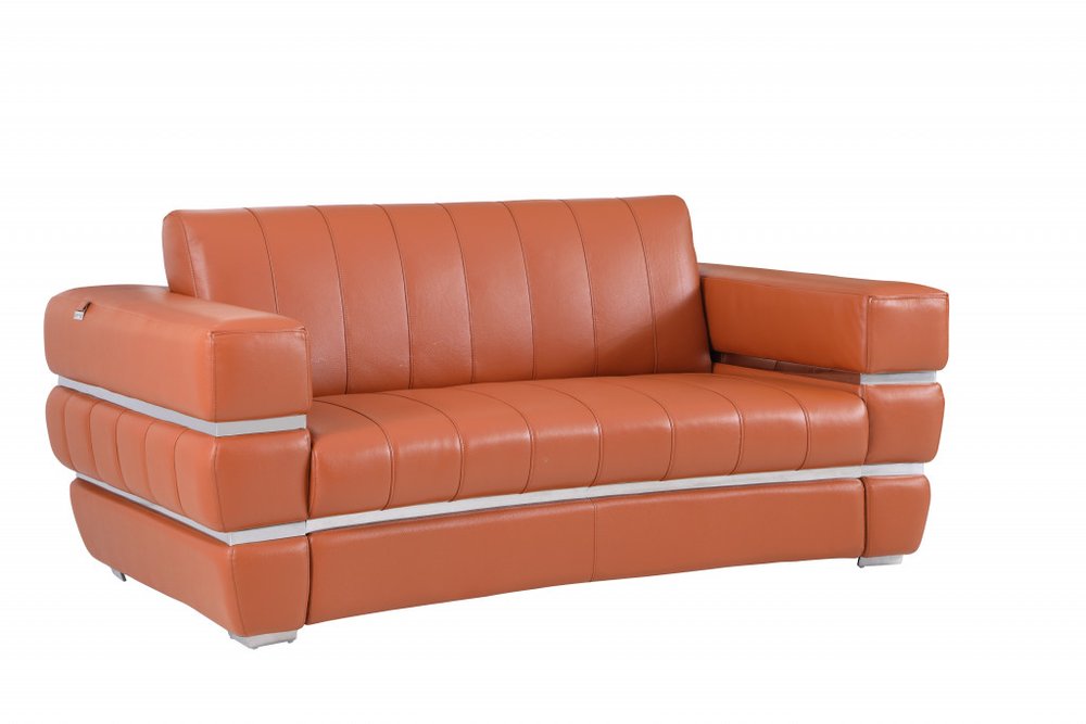 Camel and Silver Italian Leather Loveseat - 75-inch