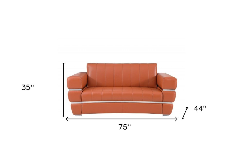 Camel and Silver Italian Leather Loveseat - 75-inch