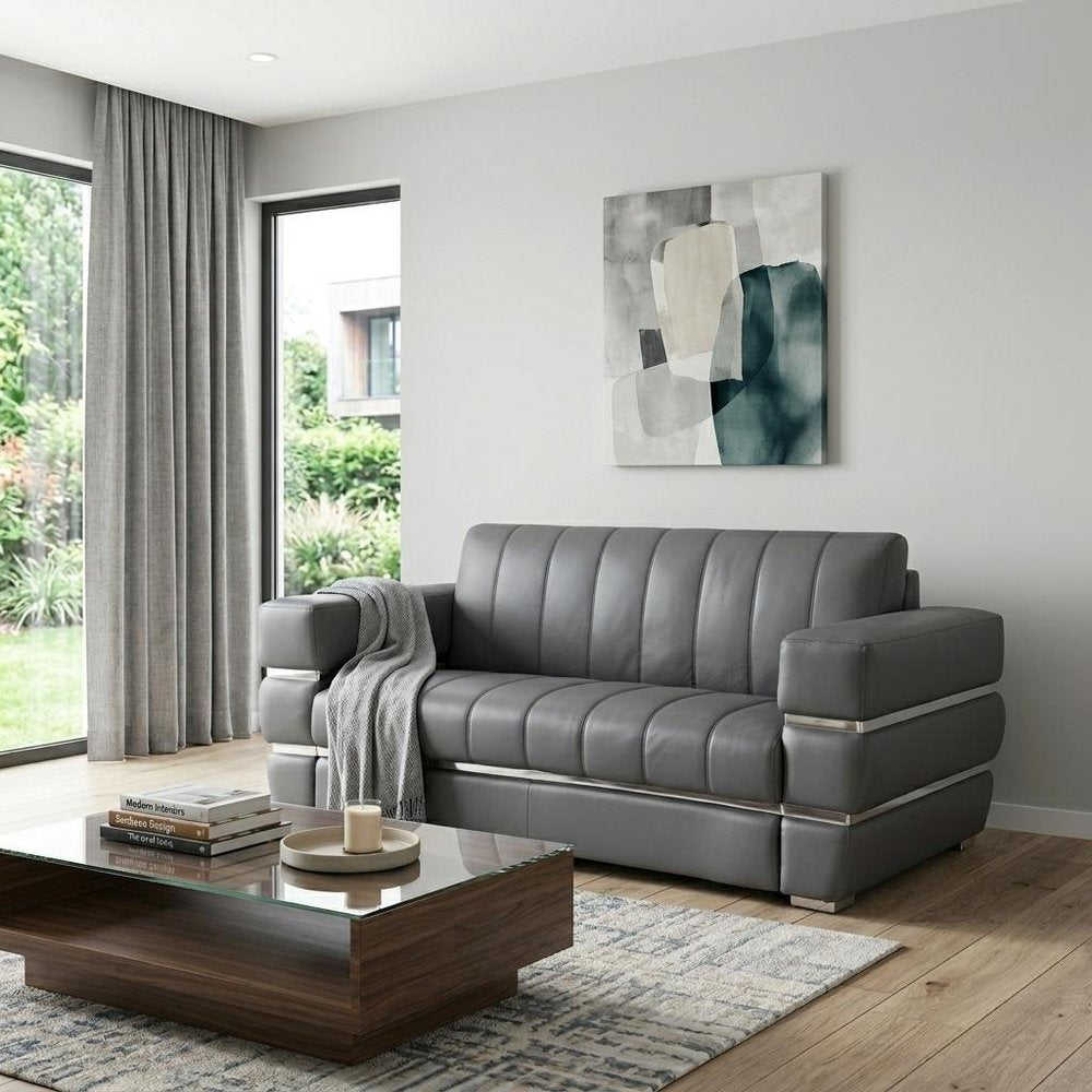 Gray and Silver Italian Leather Loveseat - 75-inch