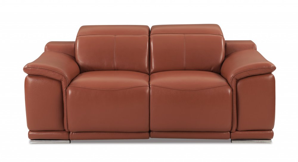 Camel and Silver Italian Leather Power Reclining Loveseat - 72-inch