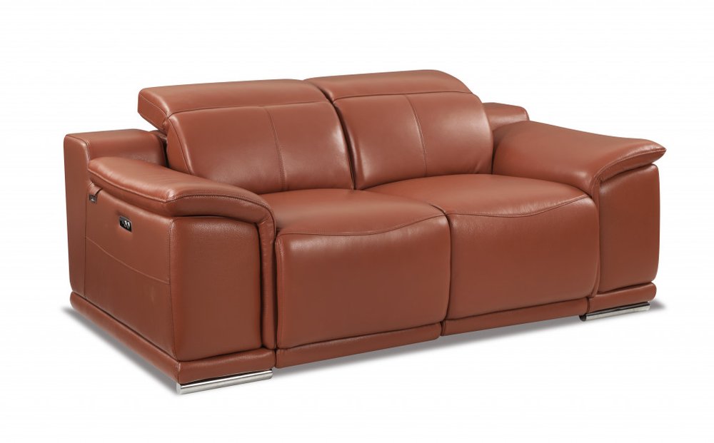 Camel and Silver Italian Leather Power Reclining Loveseat - 72-inch