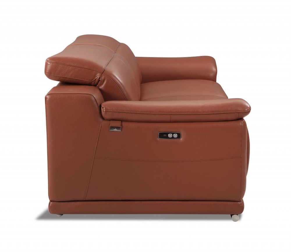 Camel and Silver Italian Leather Power Reclining Loveseat - 72-inch