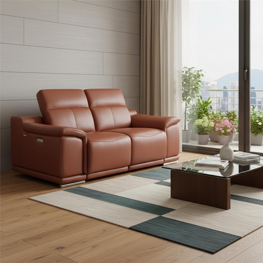 Camel and Silver Italian Leather Power Reclining Loveseat - 72-inch