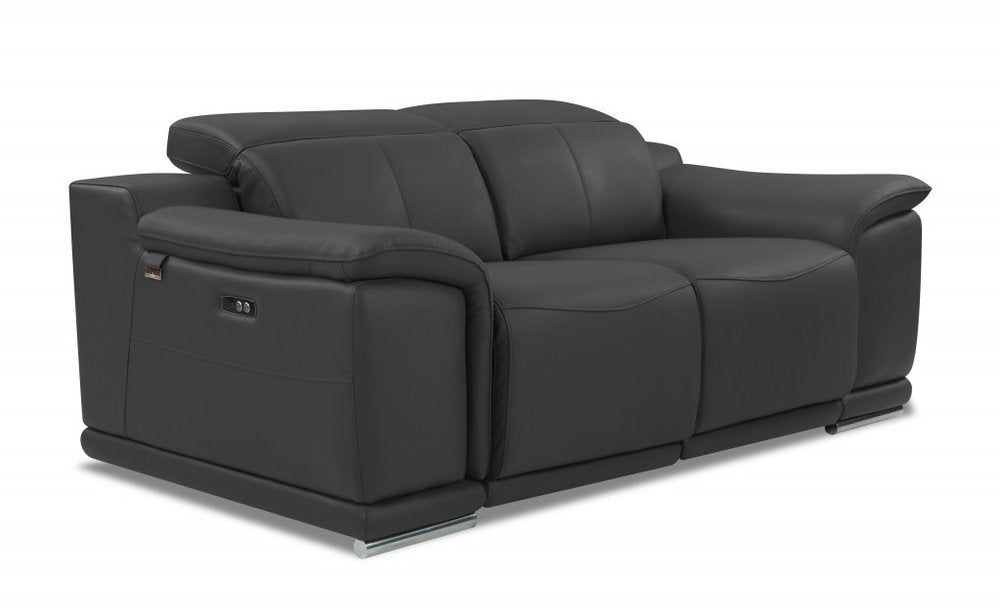 Gray and Silver Italian Leather Power Reclining Loveseat - 72-inch