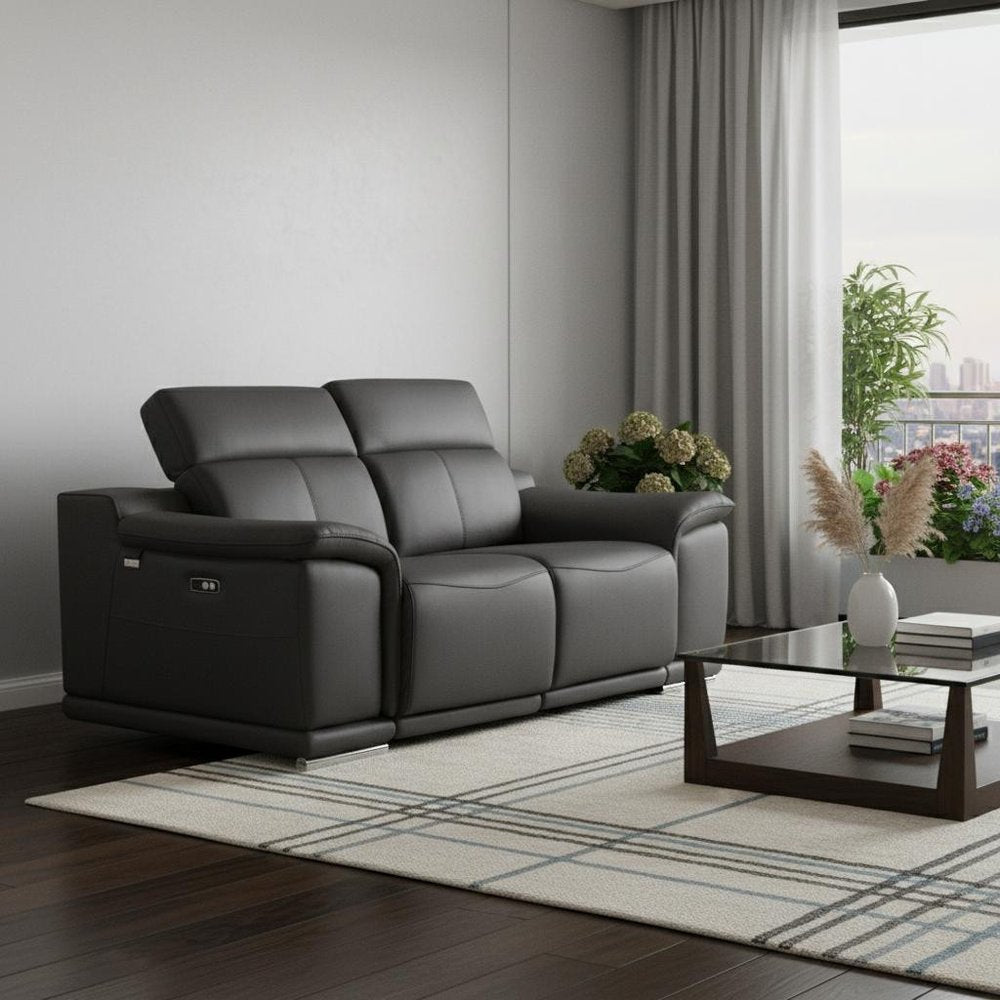Gray and Silver Italian Leather Power Reclining Loveseat - 72-inch