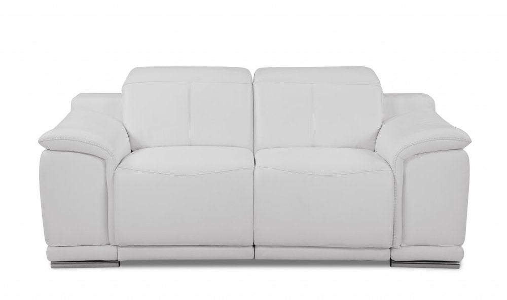 White and Silver Italian Leather Power Reclining Loveseat - 72-inch