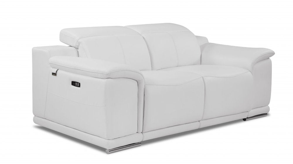 White and Silver Italian Leather Power Reclining Loveseat - 72-inch